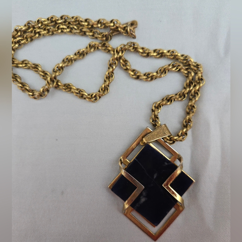 Vtg. MIRIAM HASKELL Blue Glass Stone Pendant Chain Necklace 18"